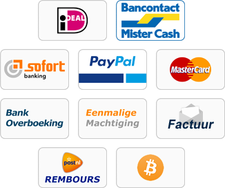Betaalmethoden iDeal, Mistercash, PayPal, Creditcard, Sofort Banking, Factuur, Machtiging, Overboeking, Bitcoin en Rembours