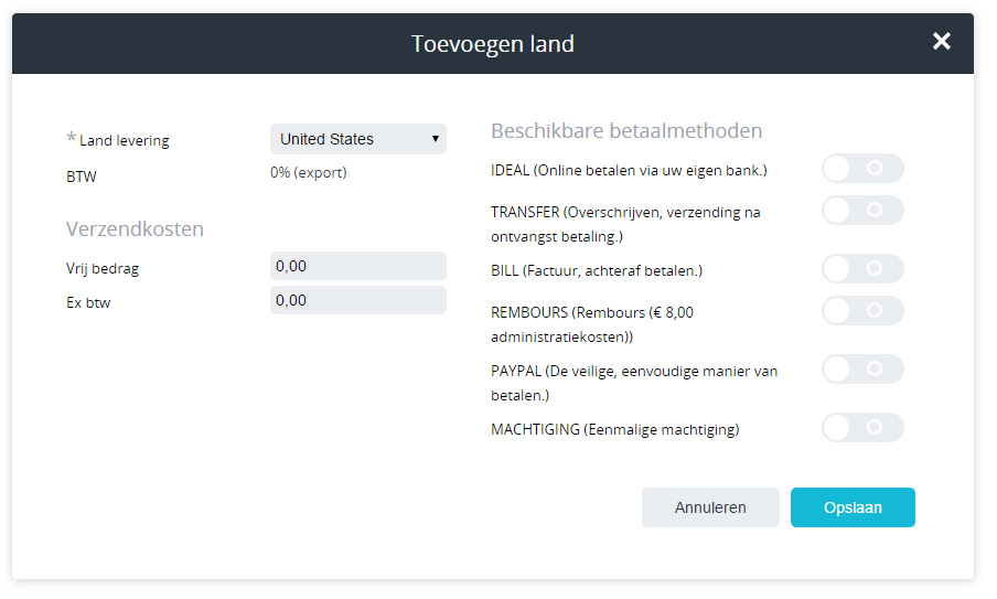 Een land buiten de EU toevoegen aan uw webshop.