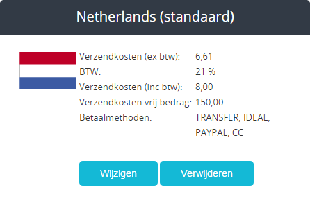 Verzendkosten per land instelbaar