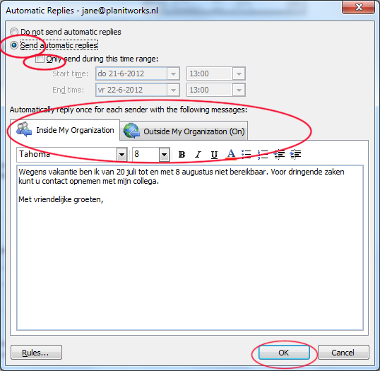 autoreply instellen met exchange
