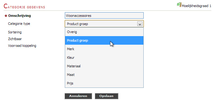 Webshop categorie type instellen.