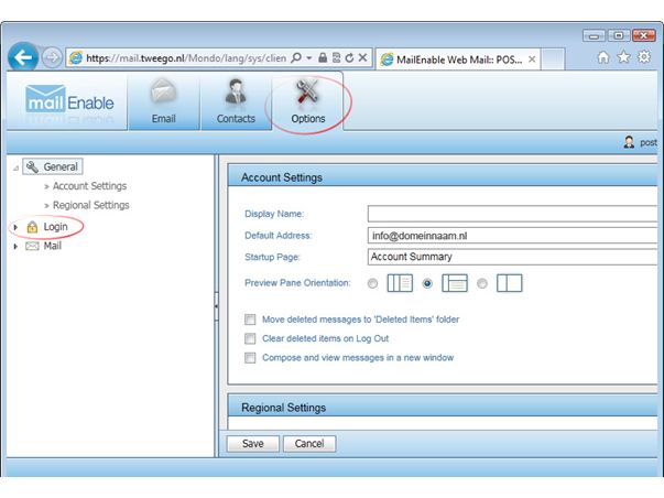 Het tabblad 'Options' en menu optie 'Login' in MailEnable