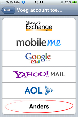 De optie 'Anders' selecteren om een pop e-mailaccount toe te voegen op de iphone.