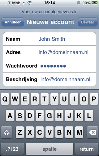 Accountgegevens invoeren om een pop mailadres te configureren op de iphone.