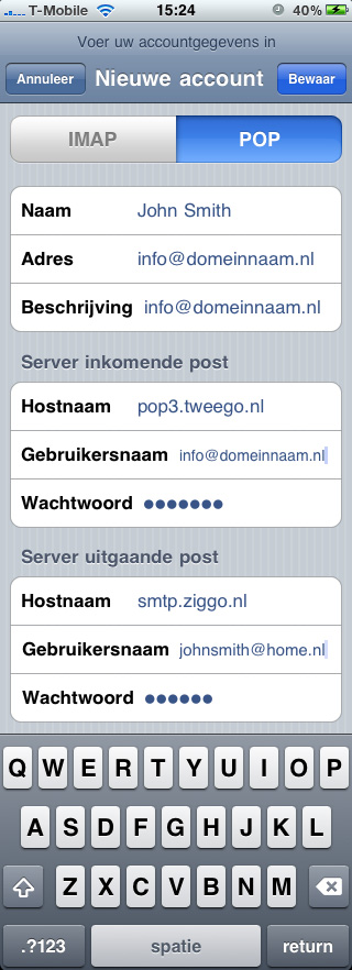 Inkomende en uitgaande pop mailserver gegevens invoeren