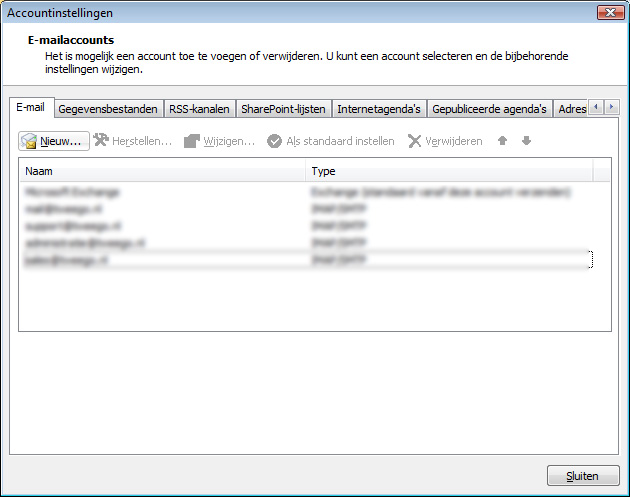 Overzicht van e-mail accounts in Outlook 2007