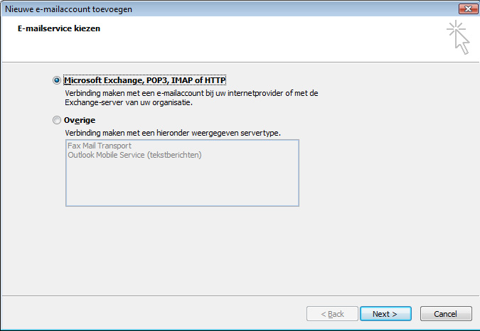Servertype selecteren in Outlook 2007.