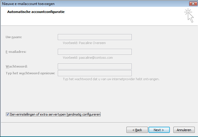 Serverinstellingen handmatig configureren in Outlook 2007.