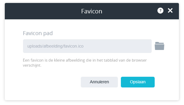 Favicon instellen via het onderdeel 'Favicon'.