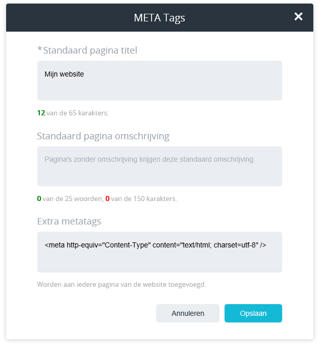 Metatags instellen via het onderdeel META Tags.