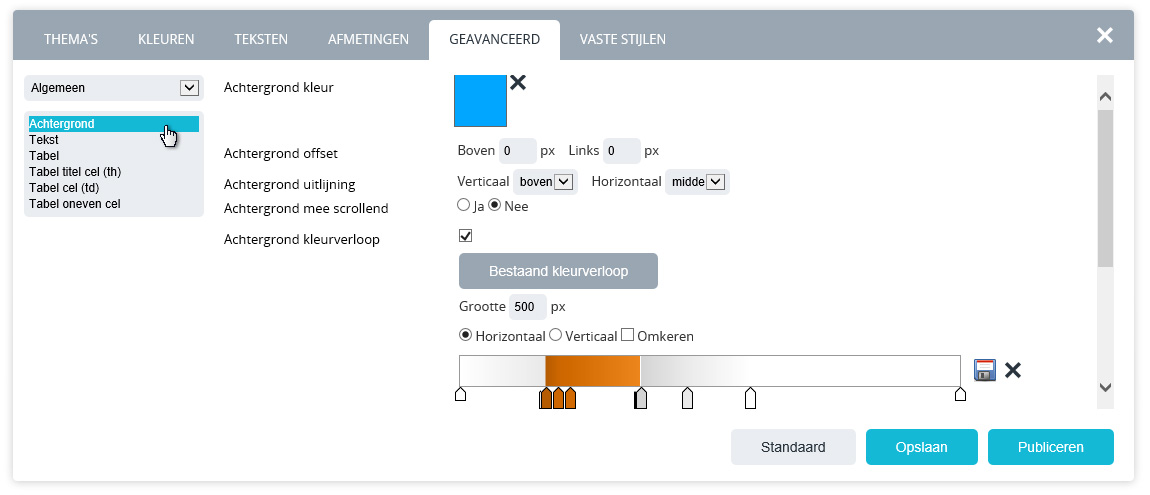 Geavanceerde webdesign instellingen.