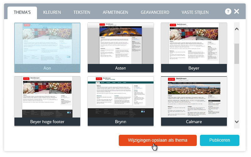 Webdesign wijzigingen opslaan als thema.