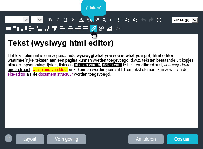 Hyperlink aanmaken via wysiwyg tekst editor.