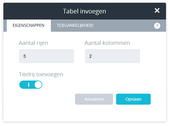 Tabel configuratie popup.