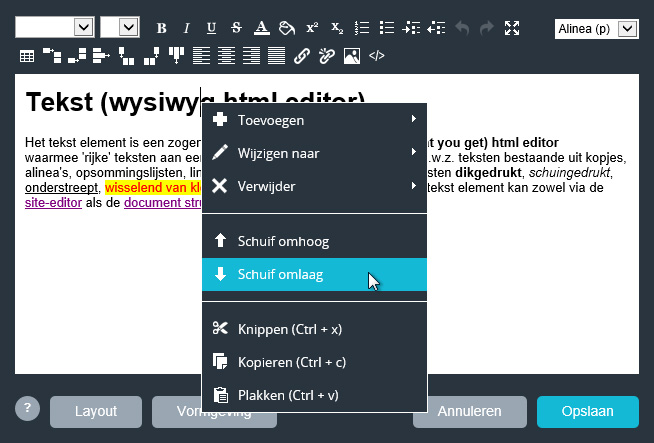 Volgorde van alinea's en titels wijzigen in de teksteditor.