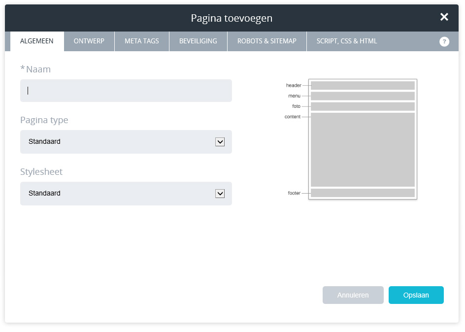 Paginanaam instellen bij het toevoegen van een nieuwe pagina.