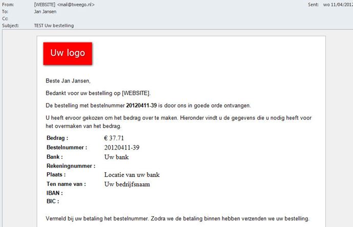 E-mail bevestiging van een bestelling in de webshop.