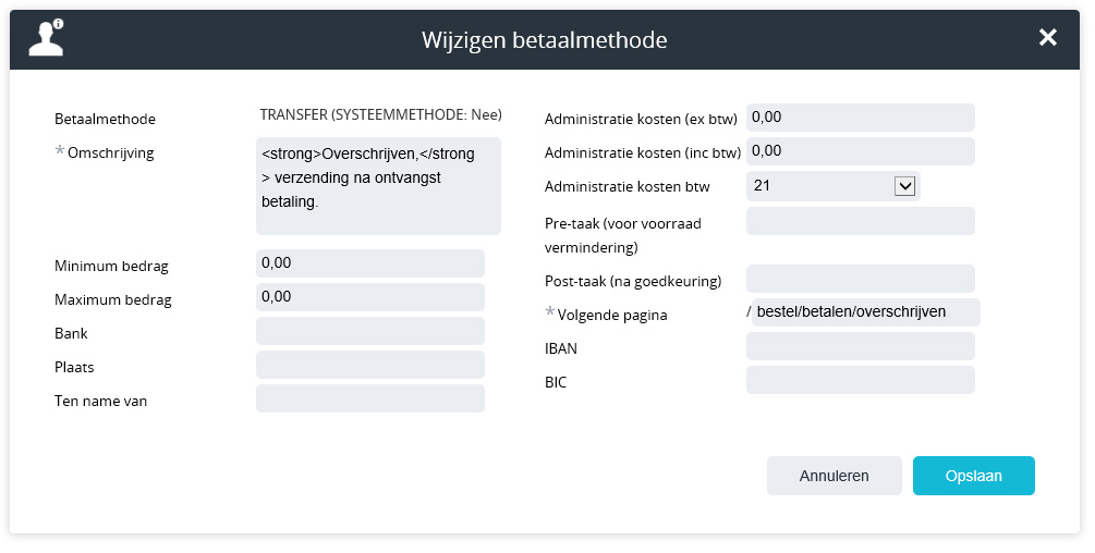 betaalmethode overschrijven configureren