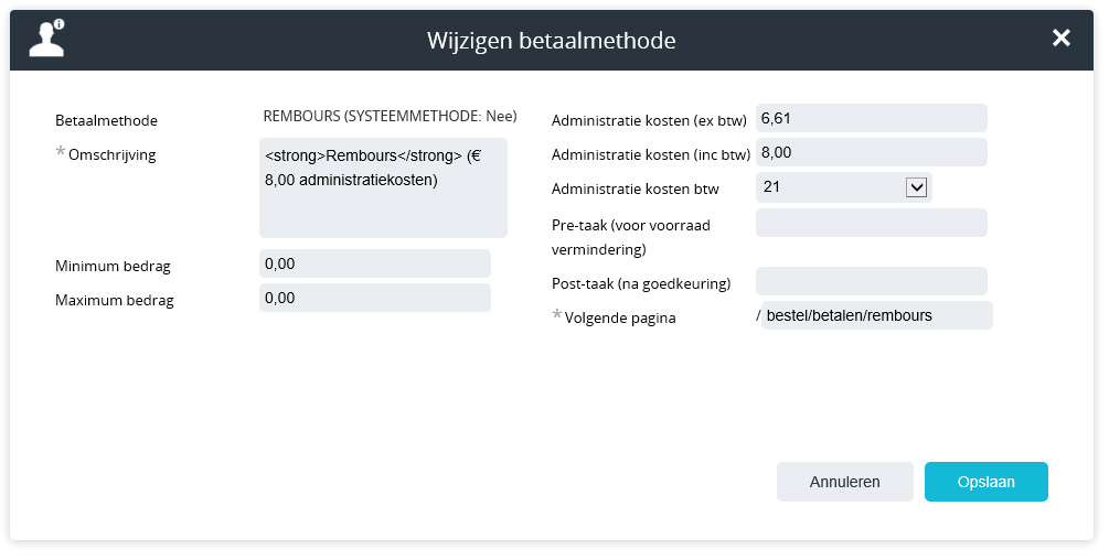 betaalmethode rembours configureren