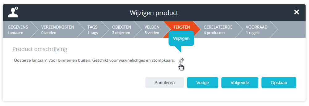 Teksten invoeren voor een product.