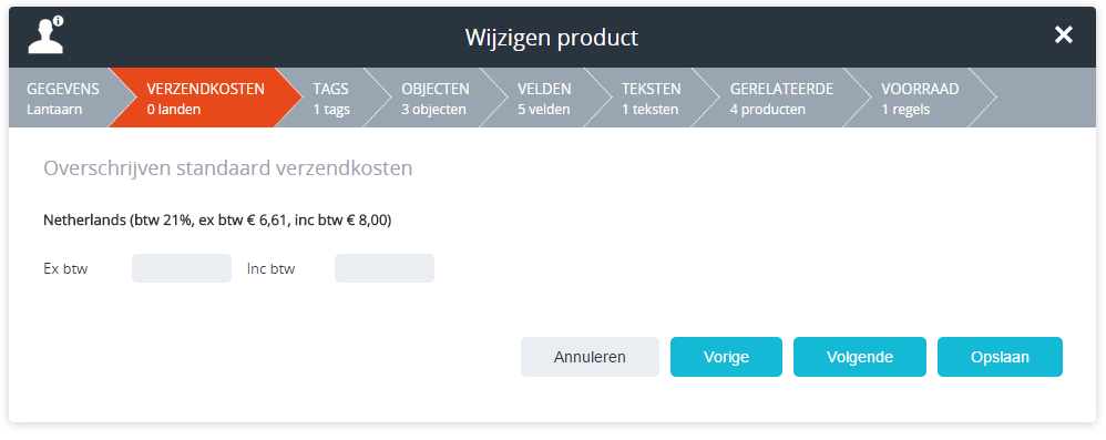 Verzendkosten voor een product overschrijven.