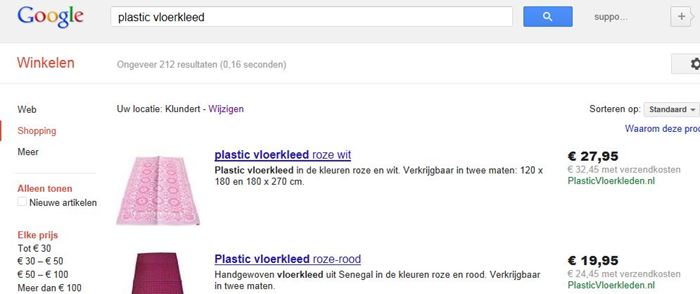 Resultaten in Google Shopping van Plastic Vloerkleden.